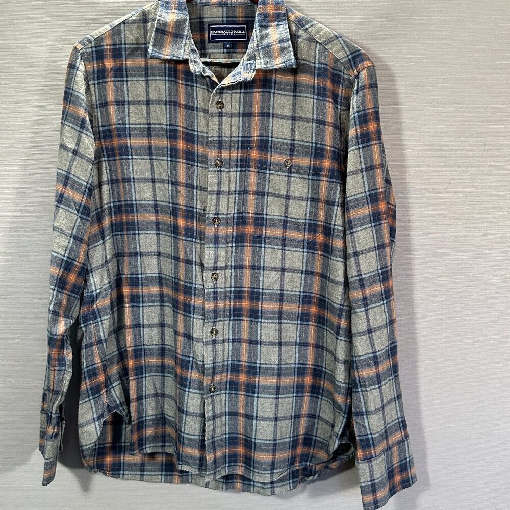 Faribault Mill Shirt Mens Medium Flannel Button Up Cotton Wool Plaid Gray Blue